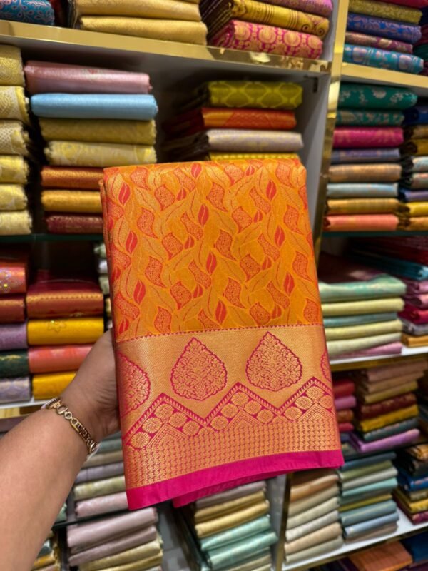 Orange Silk Saree with Leaf Motifs & Pink-Golden Border