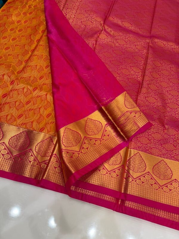 Orange Silk Saree with Leaf Motifs & Pink-Golden Border - Image 2