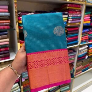 Teal Blue Silk Saree with Zari Tree Motifs & Pink-Orange Border