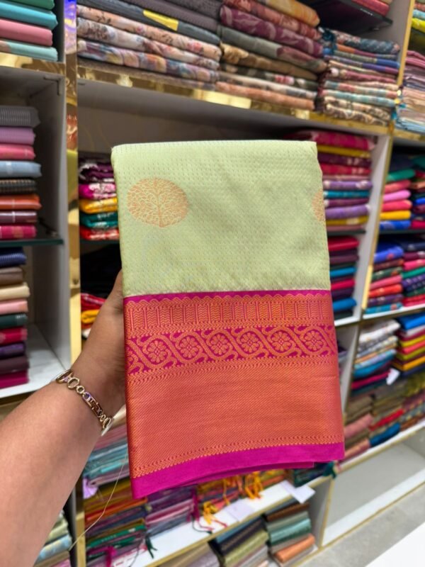 Light Green Silk Saree with Pink Zari Border