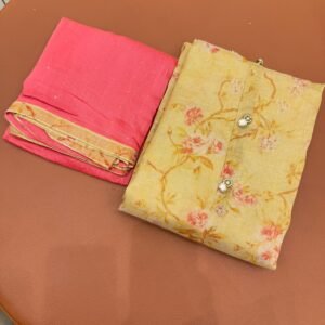 Light Yellow Floral Printed Dress Material with Contrast Dupatta