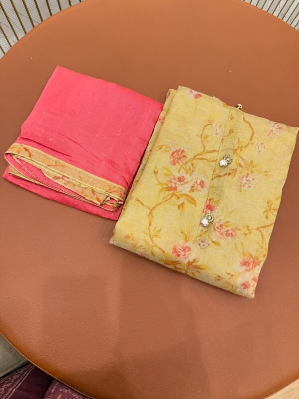 Light Yellow Floral Printed Dress Material with Contrast Dupatta