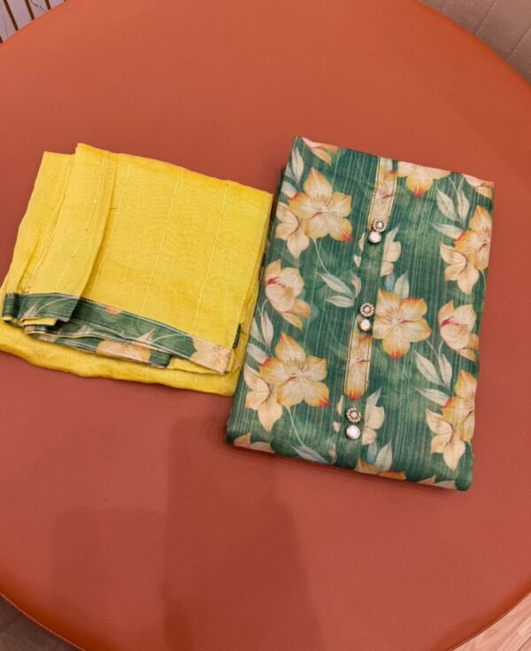 Green Floral Printed Dress Material with Contrast Dupatta