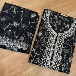 Black Victorian silk Salwar material with Heavy neck pattern work