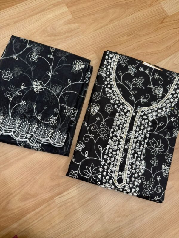 Black Victorian silk Salwar material with Heavy neck pattern work
