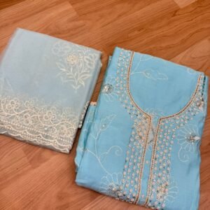 Light Blue Victorian silk Salwar material with Heavy neck pattern work