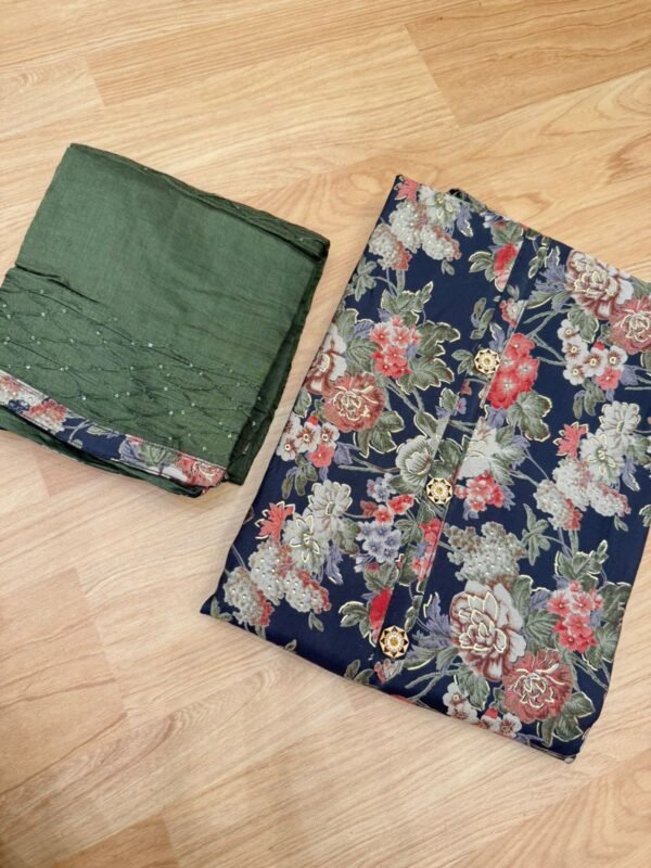 Elegant Green & Floral Navy Cotton Saree Combo
